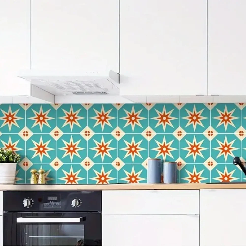 Teal and Orange Peel & Stick Star Patterned Wall Tiles